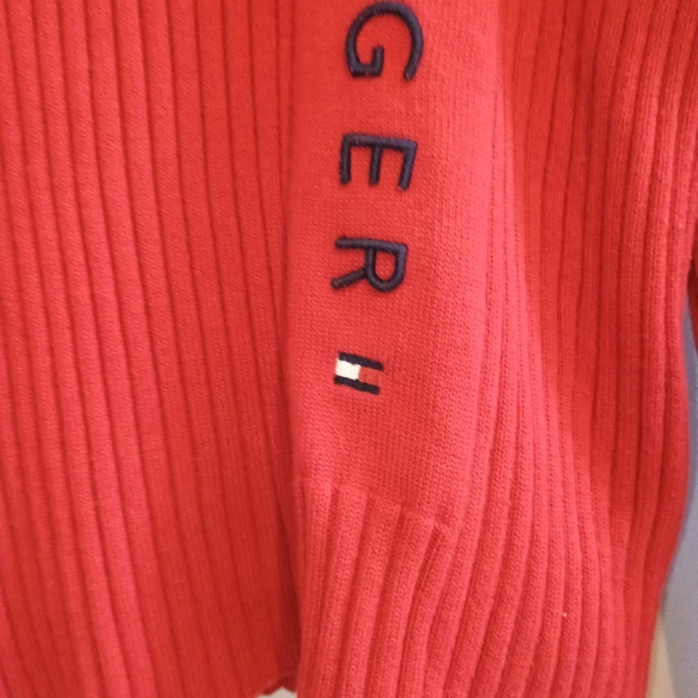 Tommy Hilfiger Spell Out Red Ribbed Knit Quarter Zip Sweater Women's XL - Picture 4 of 8
